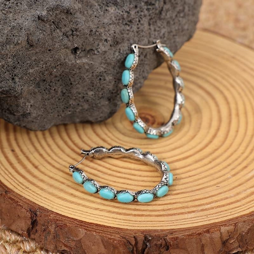 Western Turquoise Silver Tone Hoop Earrings Southwestern Boho Jewelry